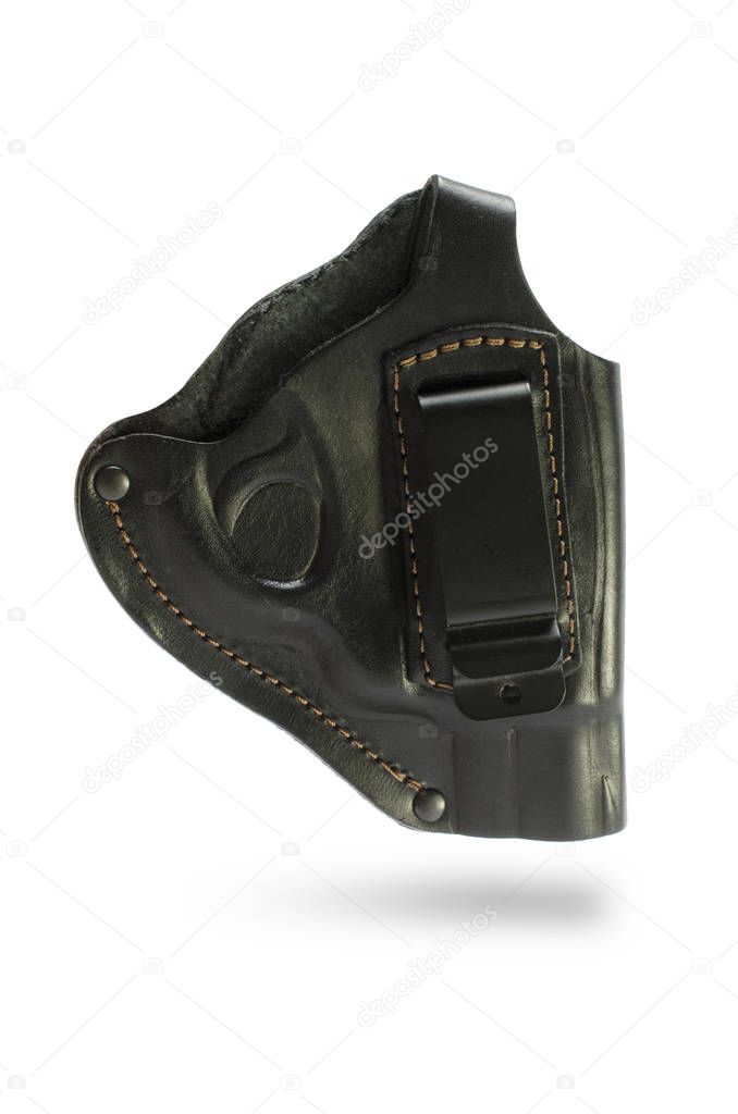 black leather belt holster isolated on white