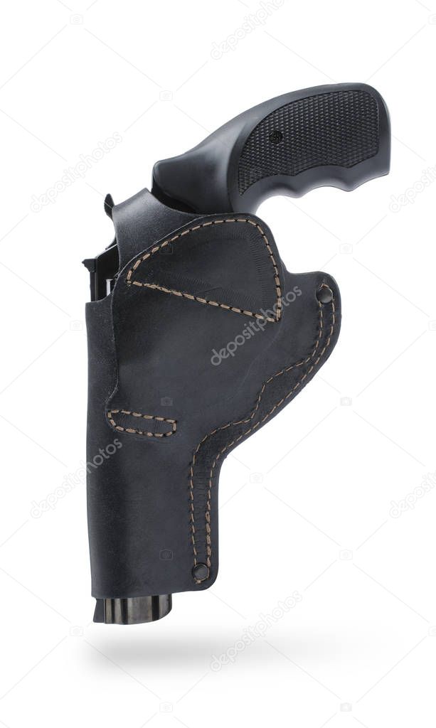 revolver in a leather black holster isolated