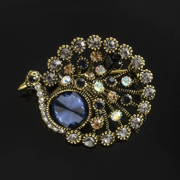 Brooch with diamonds bird, turkey isolated on black — Stock Photo, Image