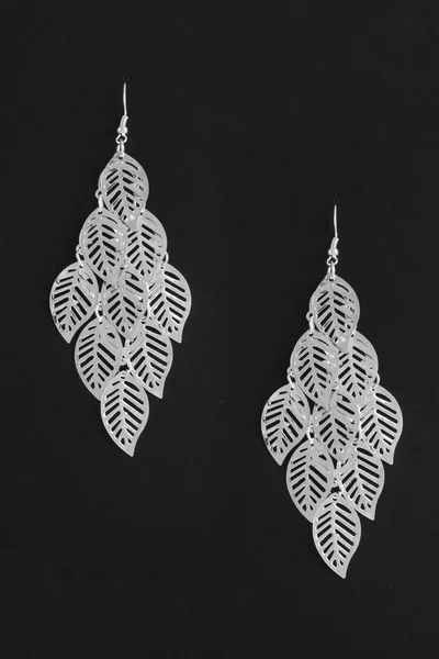 Orecchini in argento con foglie isolate su nero — Foto Stock