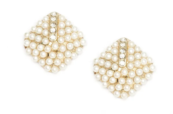 Golden rhombus earrings with pearls isolated on white — Stock Photo, Image