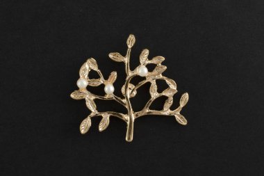 siyah bir arka plan üzerinde izole İncili Broş altın ağaç