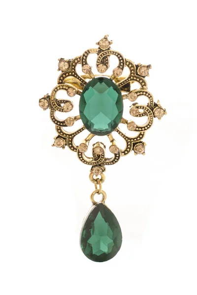 A smaragd elszigetelt fehér arany vintage bross — Stock Fotó