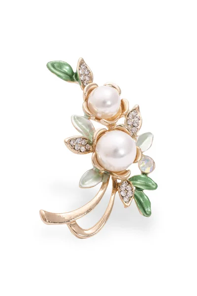 Spilla in oro fiori con perle isolate su bianco — Foto Stock