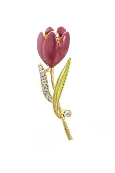 Broche tulipa com diamantes isolados em branco — Fotografia de Stock
