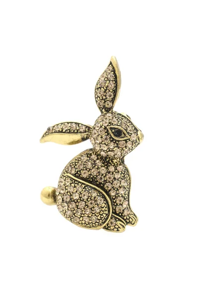 Lapin broche or avec diamants isolés sur blanc — Photo