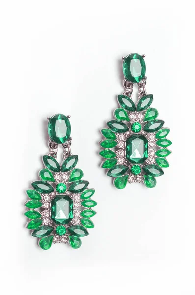 Earrings with green stones isolated on white — Stock Photo, Image