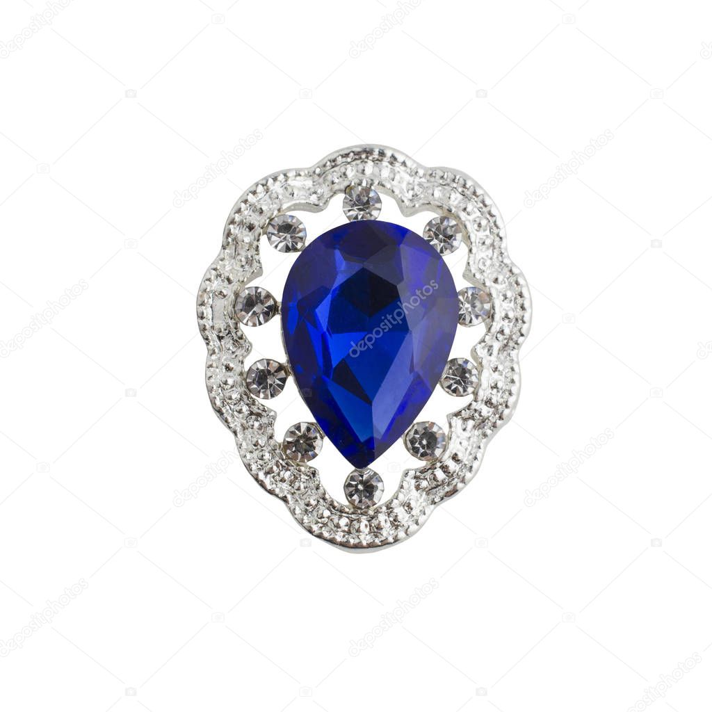 silver brooch drop with a blue stone isolated on white