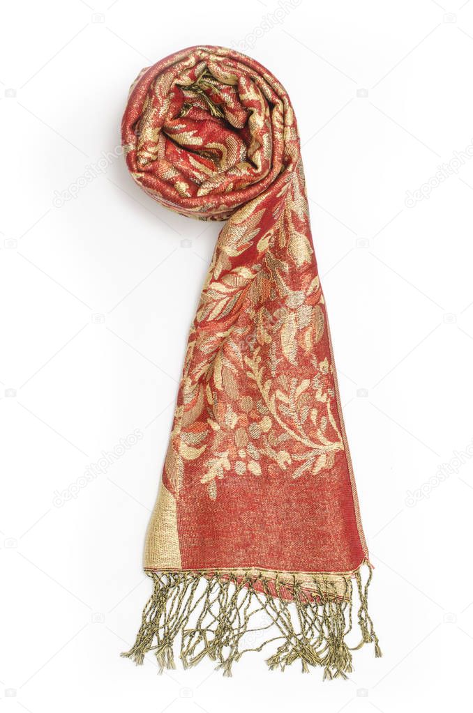 red and gold women's scarf with pattern isolated on white
