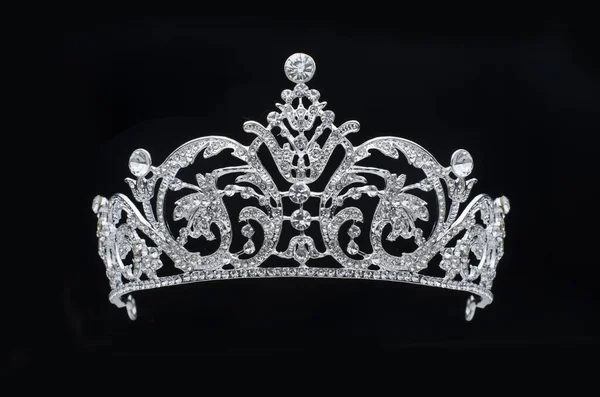 Silver tiara with diamonds on black background — Stock Photo, Image