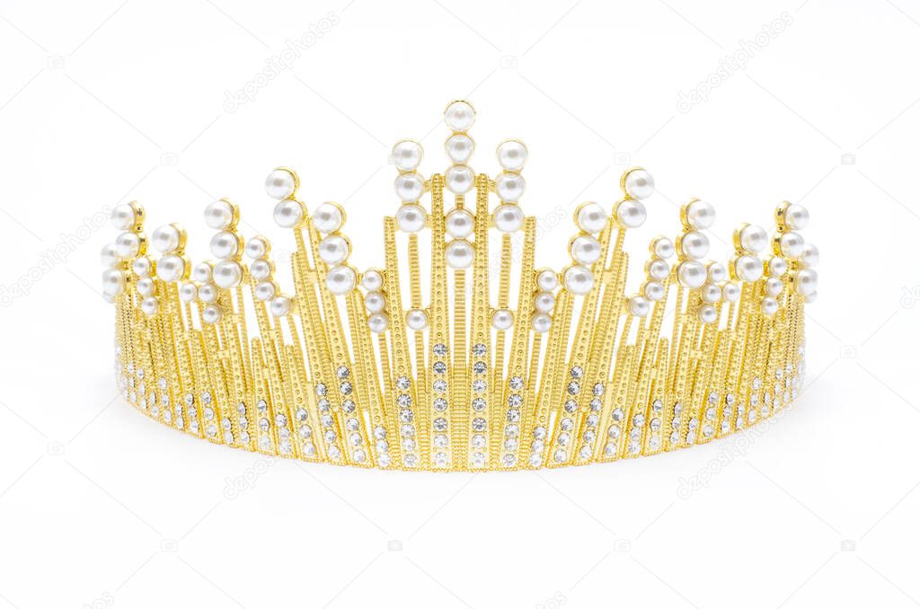 golden tiara with pearls and diamonds isolated on white