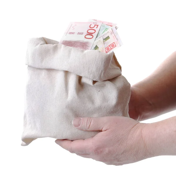 Dinheiro sueco em um saco — Fotografia de Stock