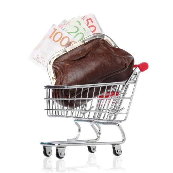 Geldbörse im Einkaufswagen — Stockfoto