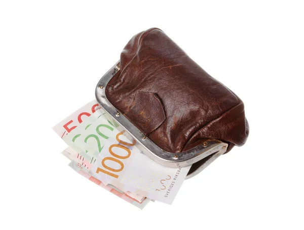 Borsellino marrone con banconote — Foto Stock