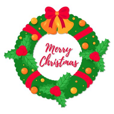 Kırmızı böğürtlenli Noel çelengi, yay, kurdele, çanlar ve toplar. Beyaz arkaplanda simge izole edildi. Yeni yıl dekorasyonu, davetiye için noel tasarımı, tebrik kartı. Vektör İllüstrasyonu