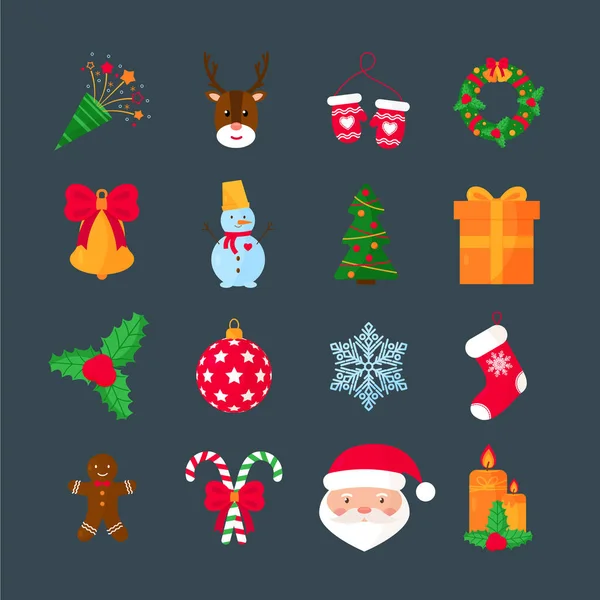 Conjunto de iconos de Navidad e iconos de símbolos de Año Nuevo. Tarjeta de Navidad, pancarta, póster, marco. Ilustración vectorial plana . — Archivo Imágenes Vectoriales