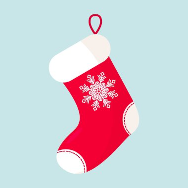 Beyaz kar taneli Noel çorabı beyaz arka planda düz bir simge. Vektör illüstrasyonu.