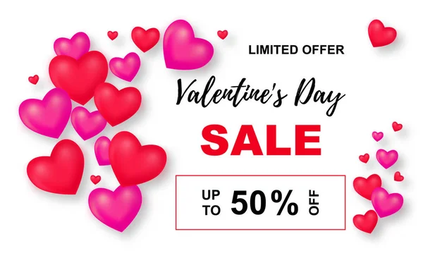 Valentines Day Sale poster. Background wiht 3d Mesh hearts. Up to 50 off. Vector Illustration with Seasonal Offer. — Stock Vector