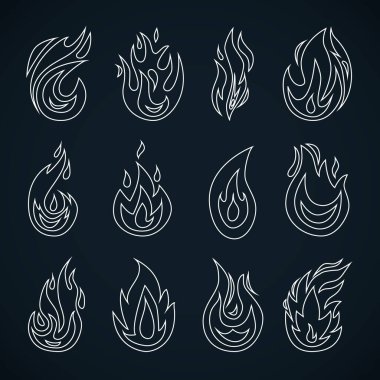 Ateş simgeleri ayarlandı. Çizgi tarzı. Düz dizayn. Koyu mavi arka planda izole edilmiş. Vektör illüstrasyonu
