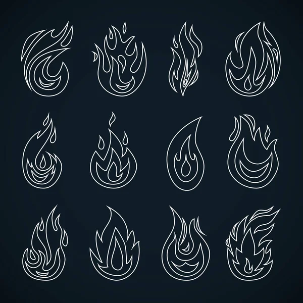 Iconos de fuego activados. Estilo de línea. Diseño plano. Aislado sobre fondo azul oscuro. Ilustración vectorial — Archivo Imágenes Vectoriales