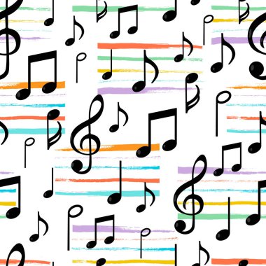 Music notes seamless pattern with paint stripes. Vector illustration clipart