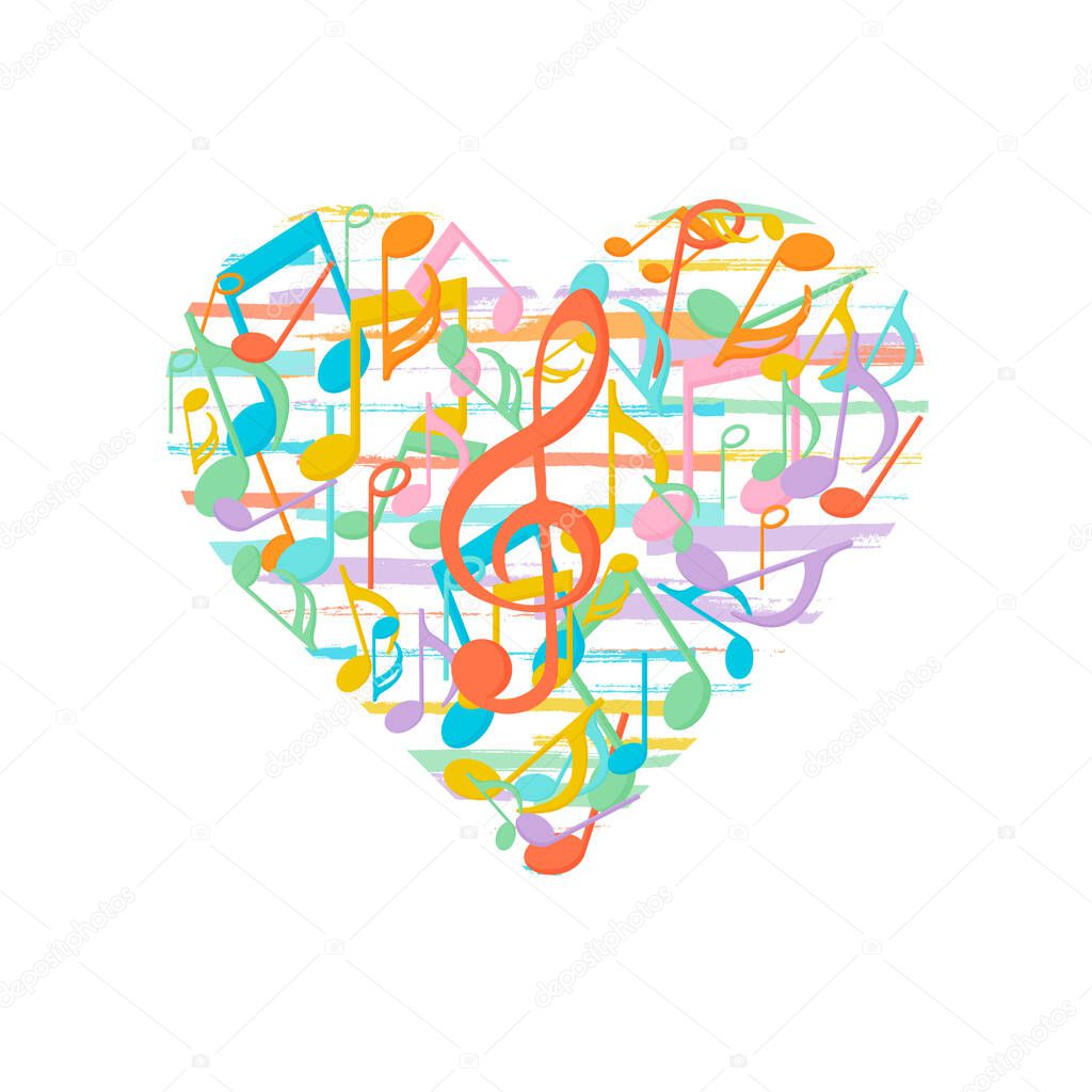 Music notes in a heart shape. Decorative design element. Vector illustration