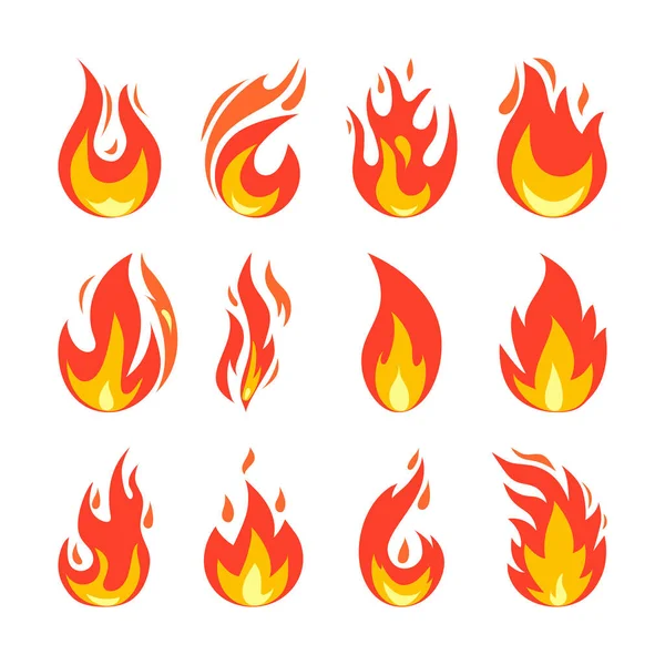 Icone di fuoco accese. Semplice illustrazione del fuoco in stile piatto. Isolato su bianco. Collezione di elementi effetto luce fumetto caldo per web, gioco, design, app. Illustrazione vettoriale — Vettoriale Stock