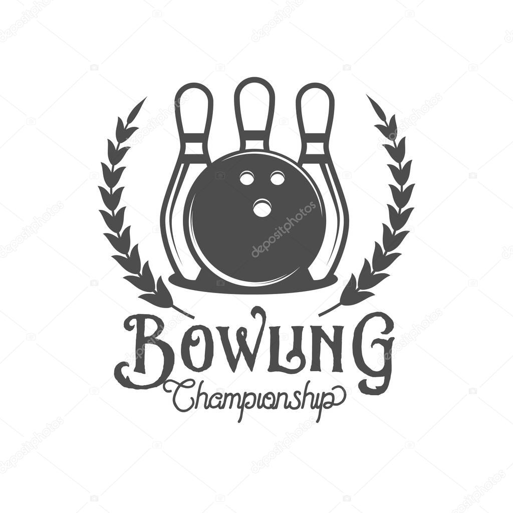 Bowling vector logotype, emblem and badge. Club gaming play, skittle and strike illustration. Template for bowling club, tournament, champion, challenge.