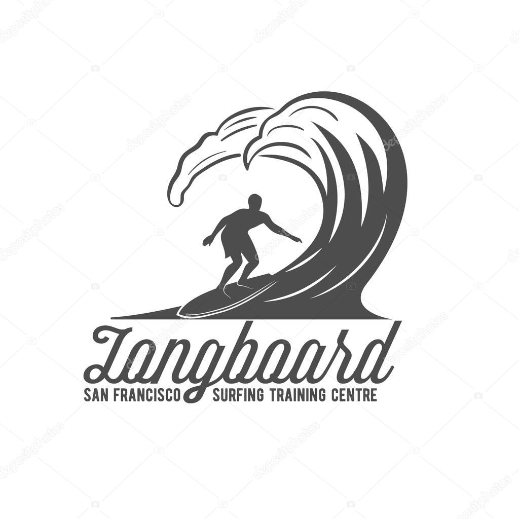 Vintage surfing logotype, badge and emblems. Surfer, beach style logo design.  Summer boarding on waves.