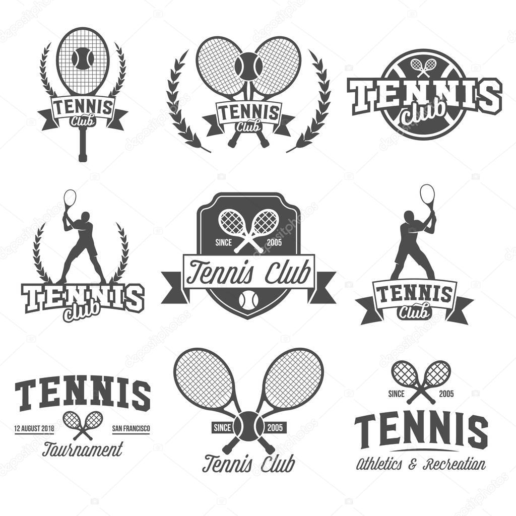 Set of tennis badge logotype template. Club emblem, college league logo, one color design elements, sport tournament, contest, tug, rush, competition.