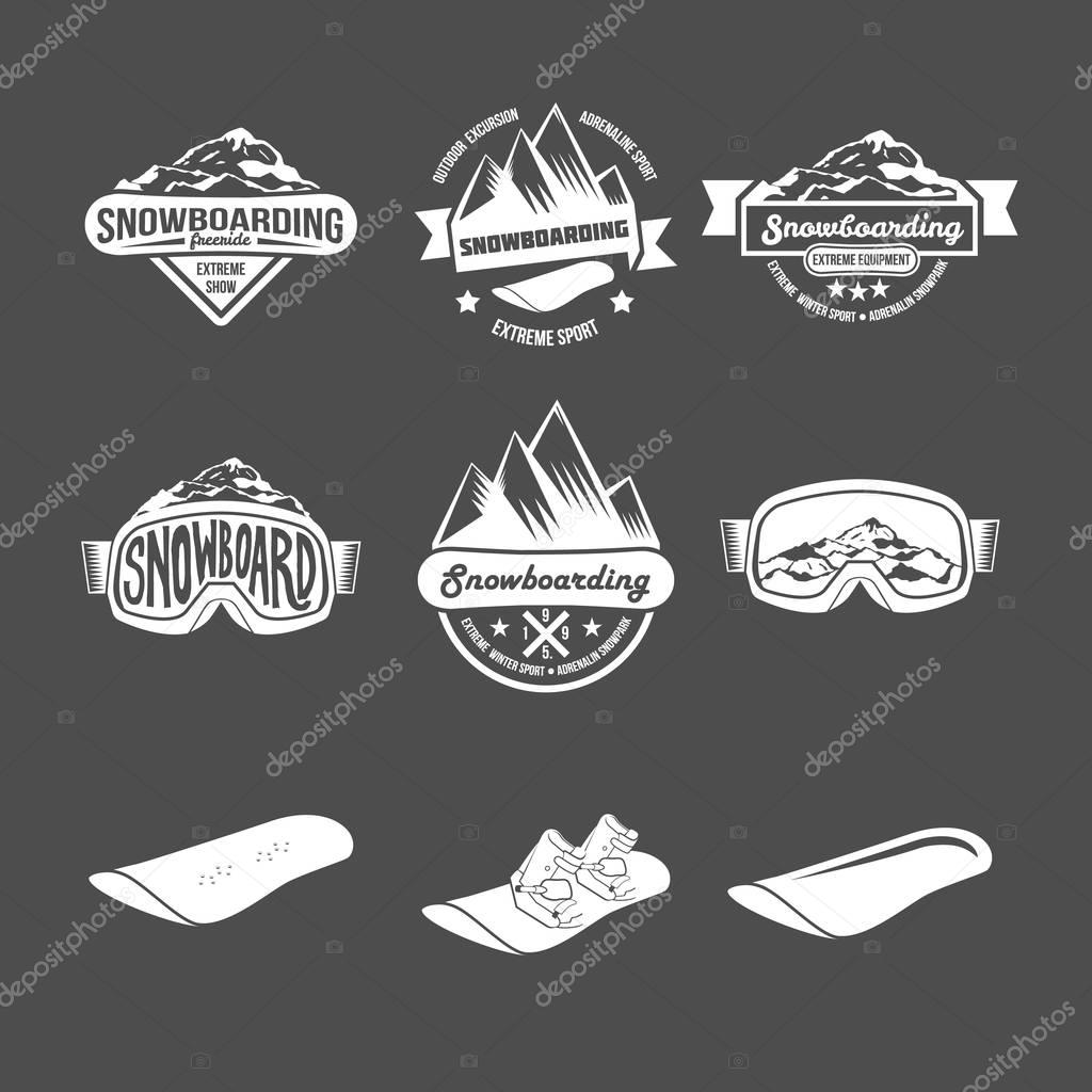 Set of Snowboarding logos and labels templates.  Retro logo design. Old school sport logo. Monochrome badges. Vector illustration