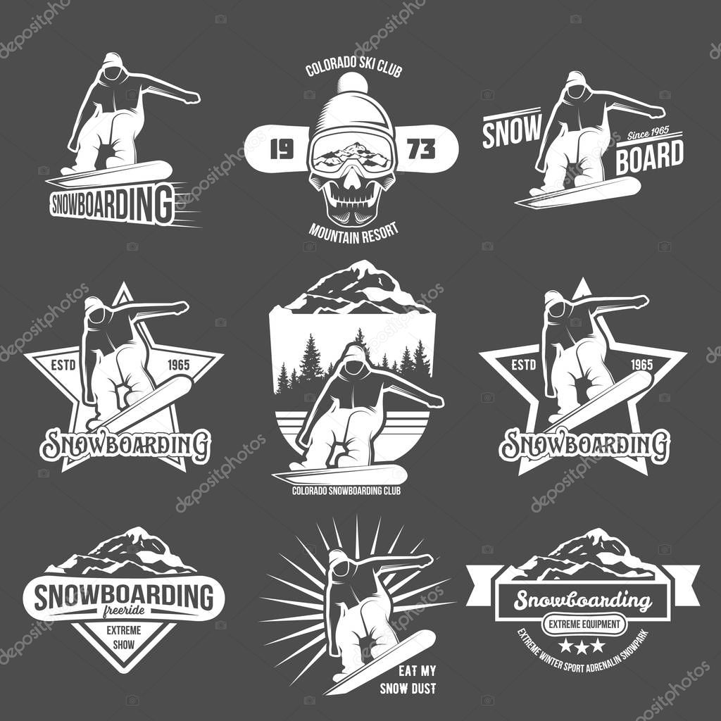 Set of Snowboarding badges and logotypes.  Retro logo design. Vector illustration