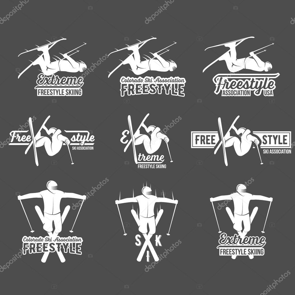 Vintage ski freestyle logos, badges, emblems and design elements. Winter extreme sports. logo skier. Retro logo design. Old school sport logo. Monochrome badges.