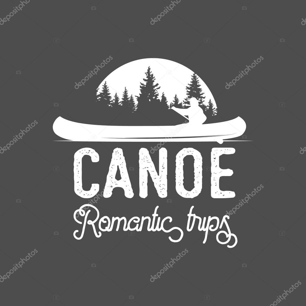 Vintage mountain, rafting, kayaking, paddling, canoeing camp logo, label, badge. Stylish Monochrome design. Outdoor activity theme. Summer and winter vacation insignias