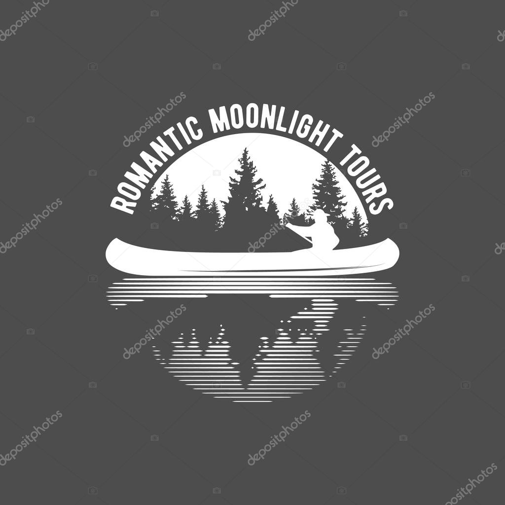 Vintage mountain, rafting, kayaking, paddling, canoeing camp logo, label, badge. Stylish Monochrome design. Outdoor activity theme. Summer and winter vacation insignias, vector illustration