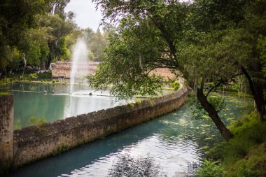 Meksika, hacienda, çiftlik meydanı ve göl. Dekoratif geleneksel tasarım.
