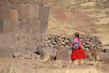 Woman in traditional clothes with lama sitting on stone in Puno  clipart