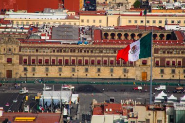 Aerial view of mexico city zocalo downtown with mexican flag clipart
