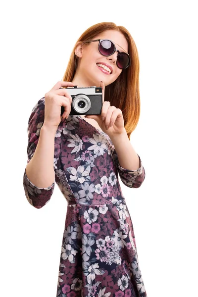 Beautiful young girl taking a photo — Stock Photo, Image