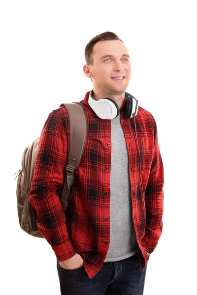 Usmívající se muž student se sluchátky — Stock fotografie