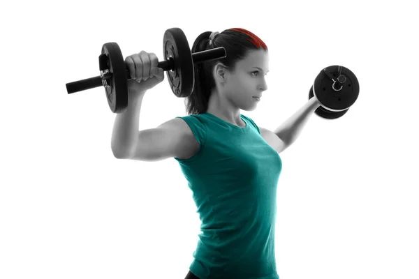 Fit Attractive Young Woman Working Out Set Dumbbells Backlit Silhouette — Stock Photo, Image