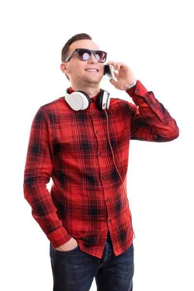 Concepto Comunicación Tecnología Retrato Joven Guapo Sonriente Con Camisa Cuadros — Foto de Stock