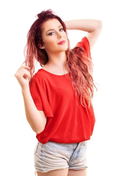 Πορτραίτο Ομορφιάς Μιας Όμορφης Κοκκινομάλλας Που Παίζει Μαλλιά Της Απομονωμένη — Φωτογραφία Αρχείου
