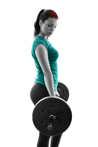 Fit Attractive Young Woman Working Out Barbell Backlit Silhouette Studio — Stock Photo, Image