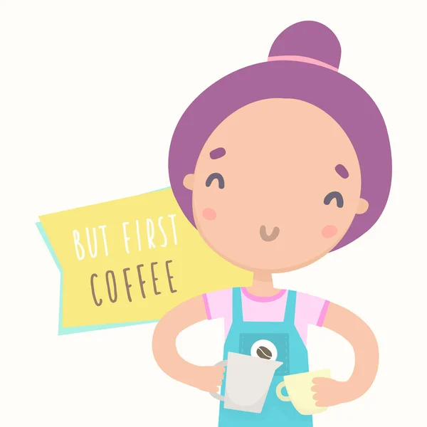 But first coffee. Cute barista girl preparing drink — Stock Vector