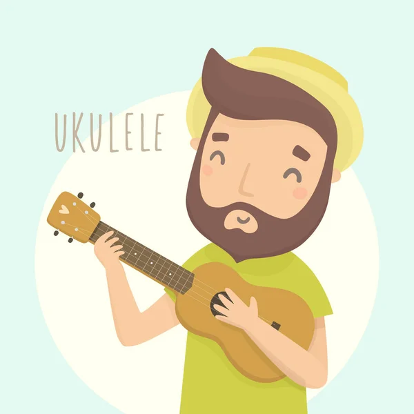 Gelukkig man met ukulele. Stripfiguur. — Stockvector