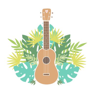 Ukulele ve tropikal yapraklar.
