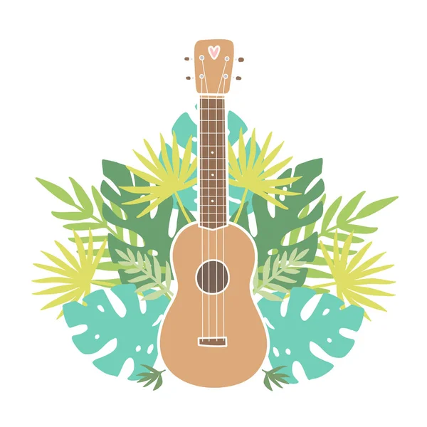 Ukulele and tropical leafs. — Stock Vector