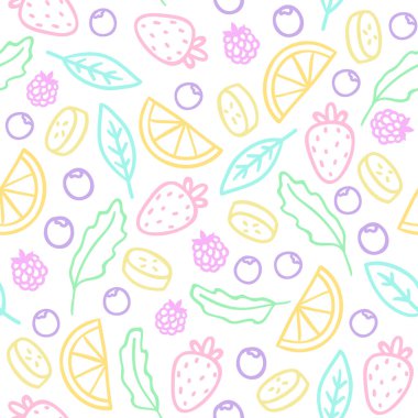 Doodle meyve, çilek, yapraklar. Seamless modeli