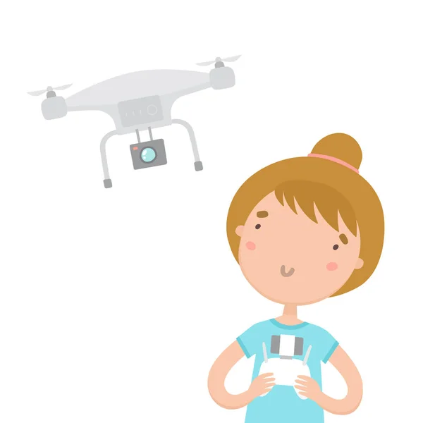 Uzaktan kontrol hava drone ile kız. — Stok Vektör